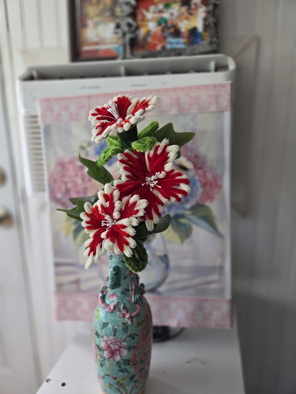 Hand Made Exotic 3 Red & White Faux Floral Stem Arrangement beautiful